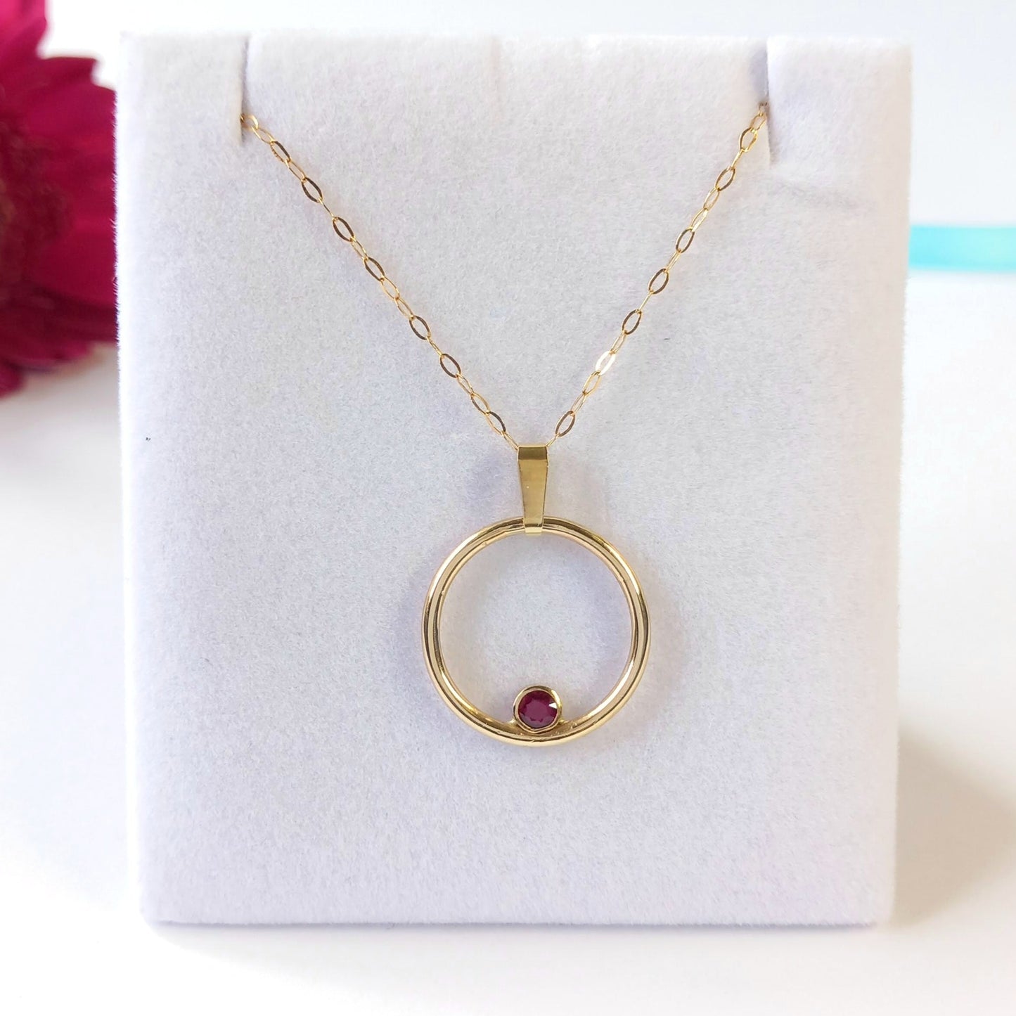 Handmade 9ct Solid Gold Ruby Circle Necklace